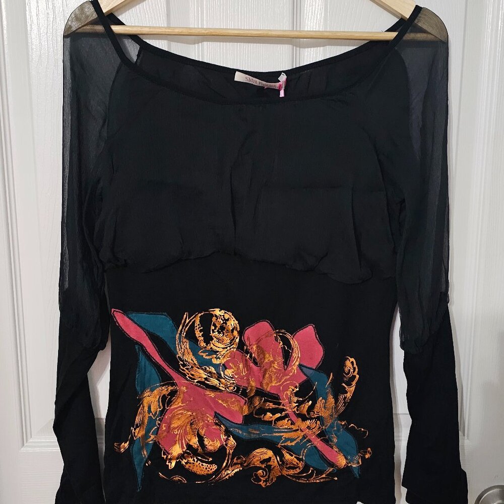 SHIRT PASSION Italy Silk Blend Knit Top Black Graphic Floral Mesh Sleeve